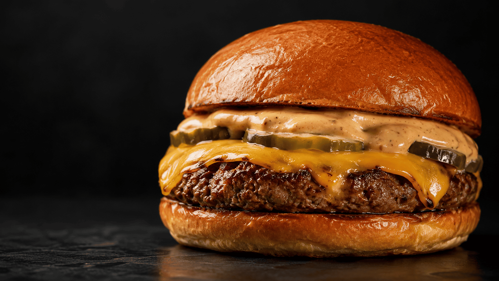 Burger E. Haaland con vacuno, cheddar ahumado, pepinillo y salsa Gromenäuer.