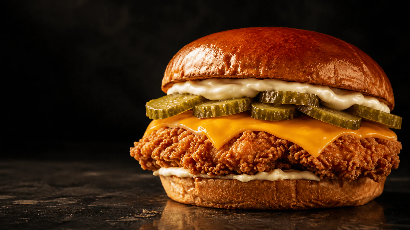 Burger M. Katoto con pollo crispy, cheddar, pepinillo y mahonesa.