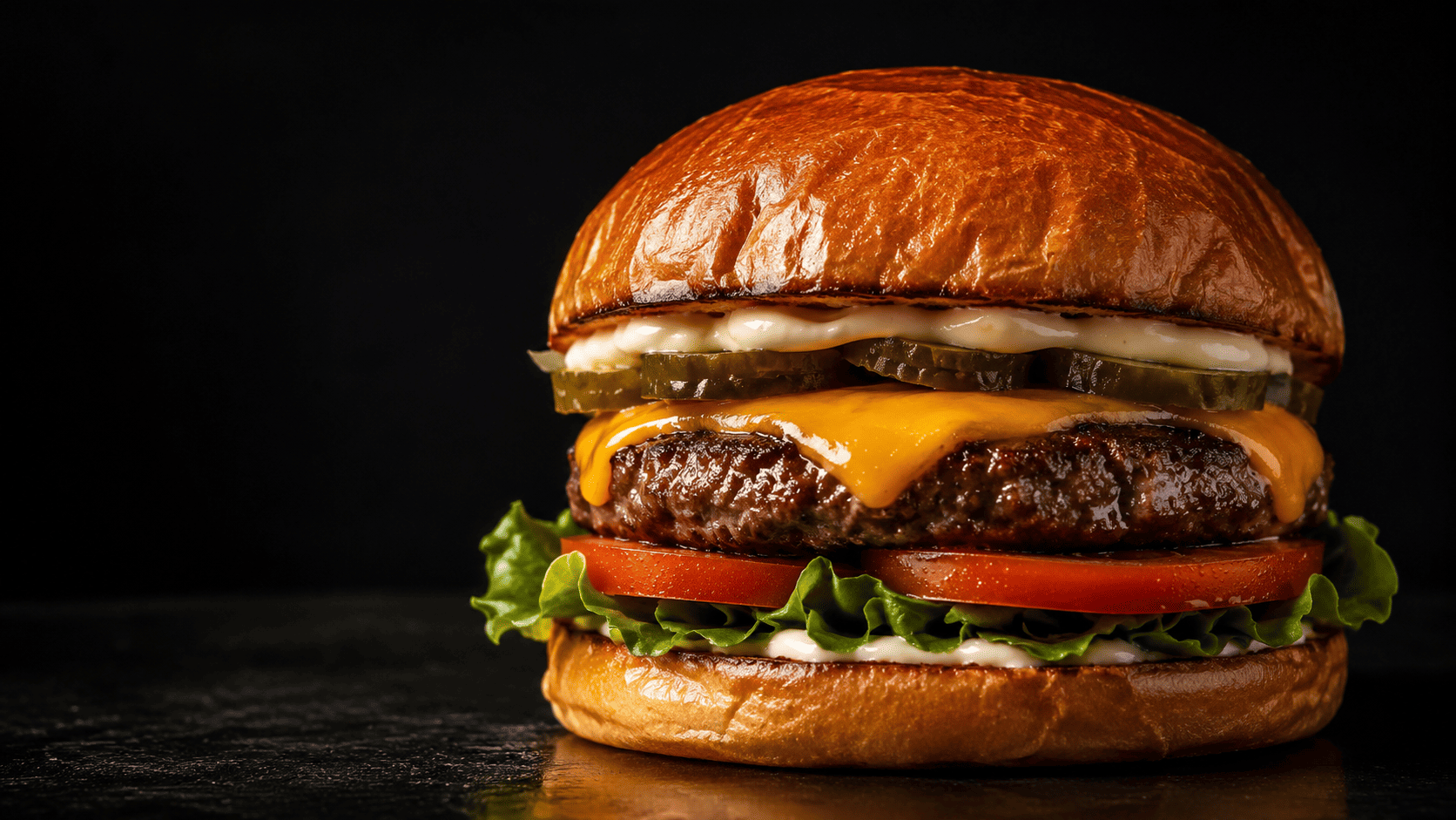 Burger R. Lewandowski con vacuno, cheddar, lechuga, tomate, pepinillo y mahonesa.
